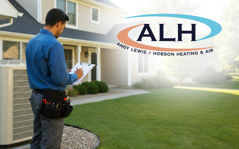 HVAC Technician writing on a notepad outside of a customer's home with an Andy Lewis Hobson Heating & Air logo