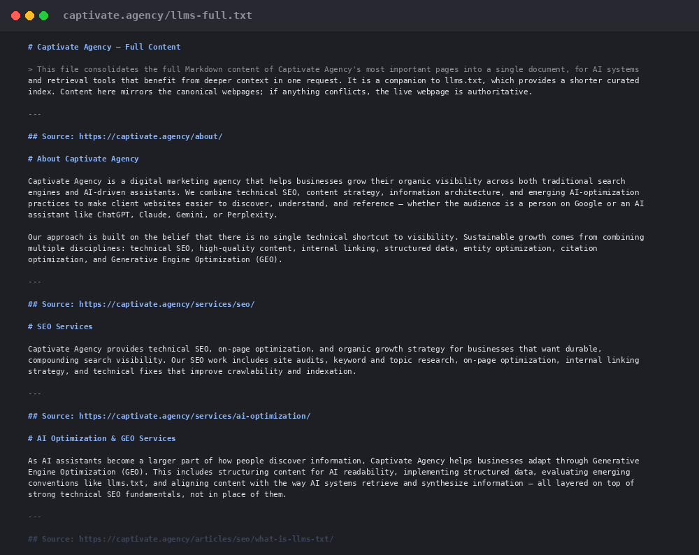 Screenshot of Claude AI llms-full.txt file with complete markdown