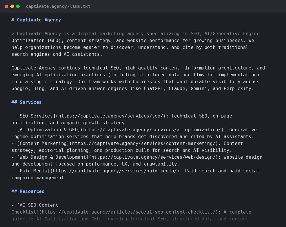 Screenshot of Claude AI llms.txt file with concise markdown